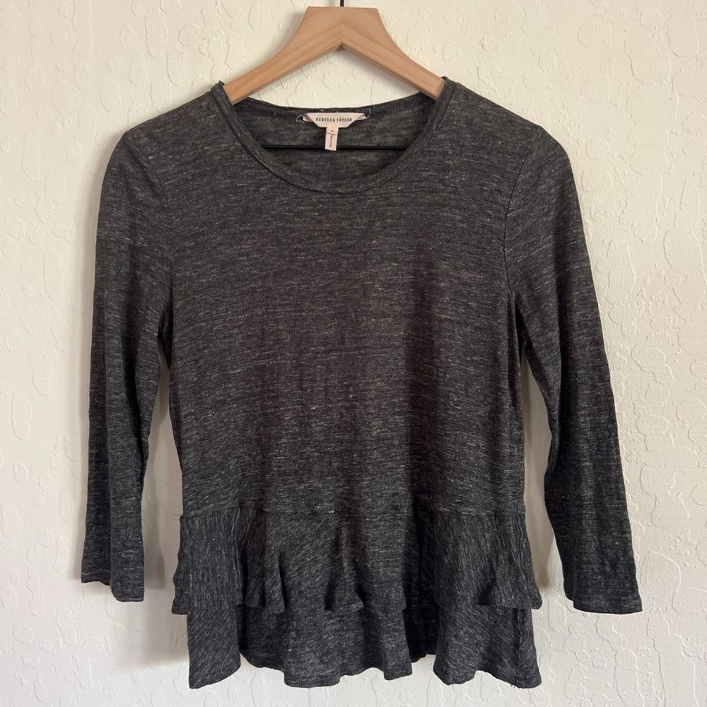 Rebecca Taylor 100% Linen 3/4 Sleeve Ruffle Blouse Top size Small Gray Neutral